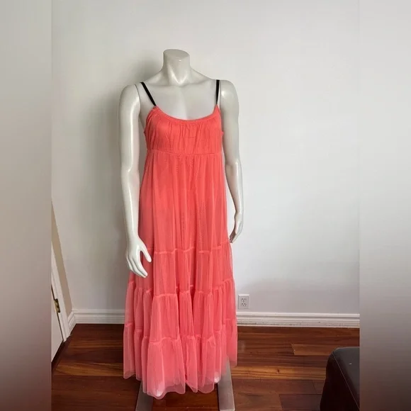 Anthropologie - MAEVE - Tulle, Coral, Tiered Maxi Dress Coral. Medium. - Picture 3 of 11